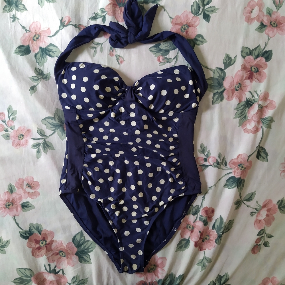 Navy Polka Dot Halter One Piece Swimsuit